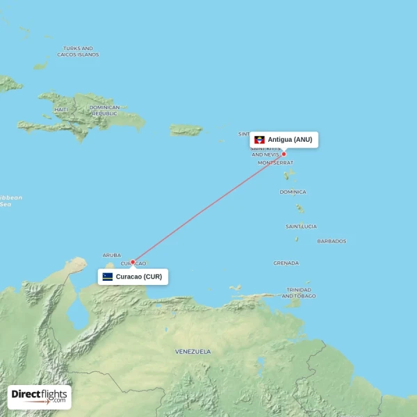 Curacao - Antigua direct flight map