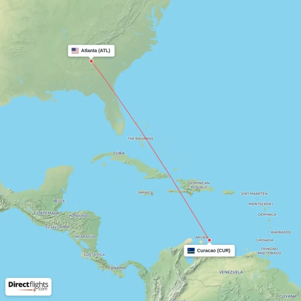 Curacao - Atlanta direct flight map