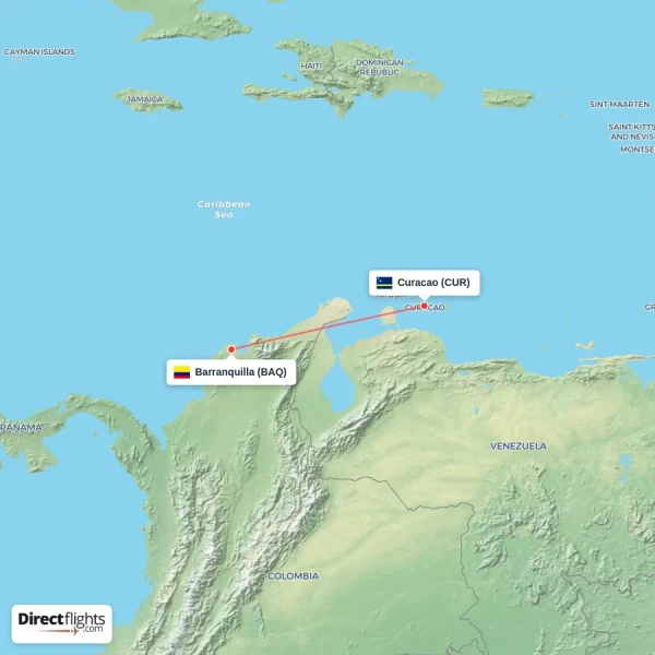 Curacao - Barranquilla direct flight map