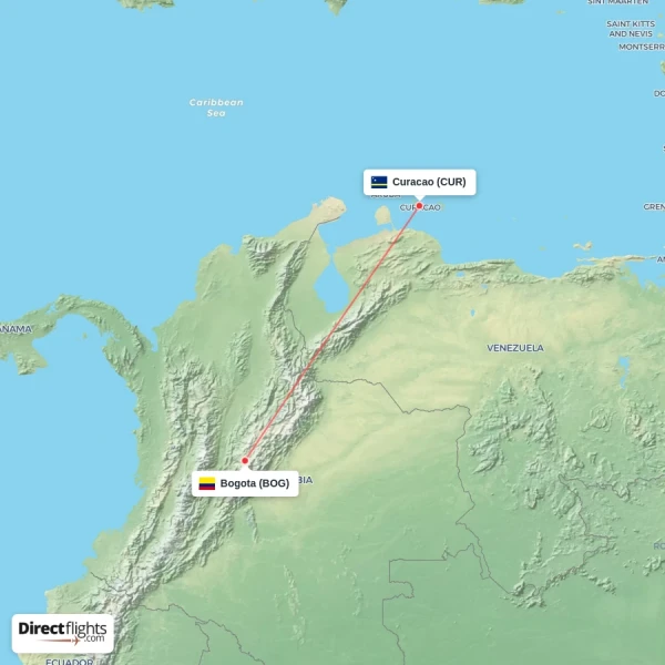 Curacao - Bogota direct flight map
