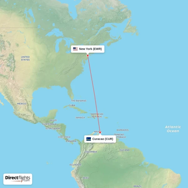 Curacao - New York direct flight map