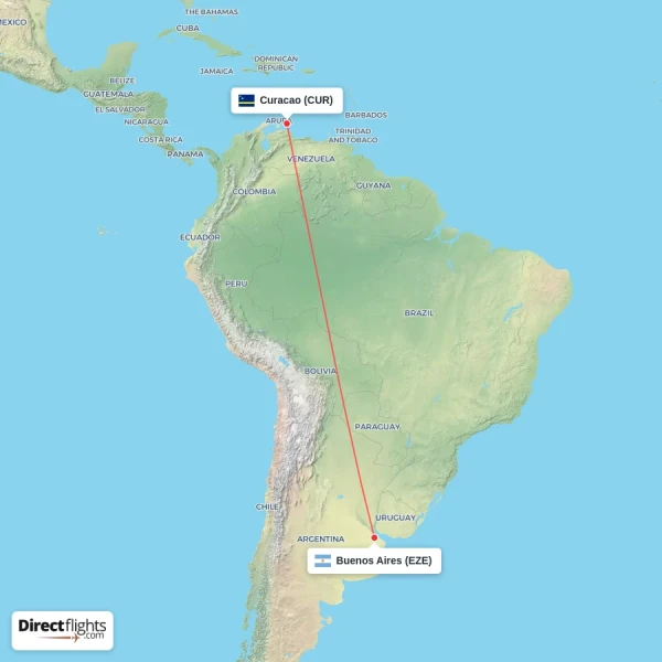 Curacao - Buenos Aires direct flight map