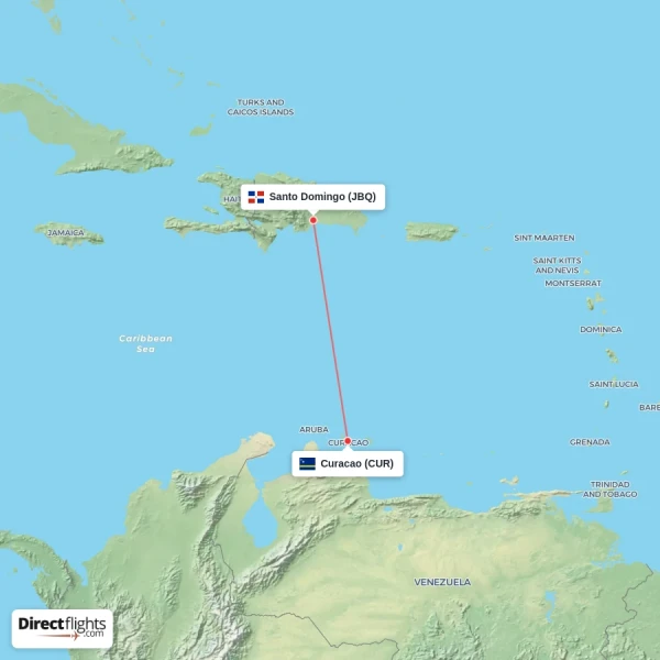 Curacao - Santo Domingo direct flight map