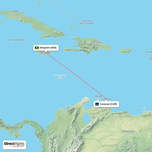 Curacao - Kingston direct flight map