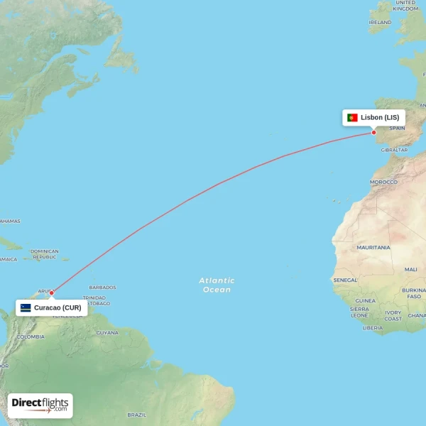 Curacao - Lisbon direct flight map