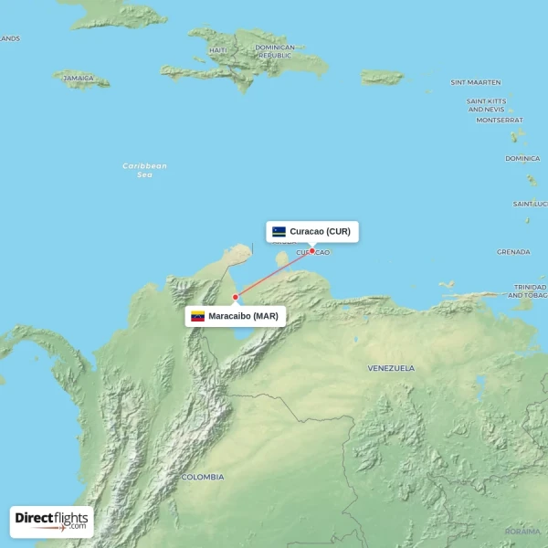 Curacao - Maracaibo direct flight map