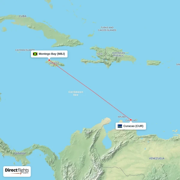 Curacao - Montego Bay direct flight map