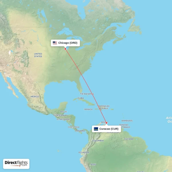 Curacao - Chicago direct flight map