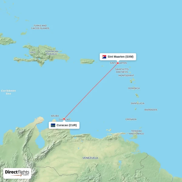 Curacao - Sint Maarten direct flight map