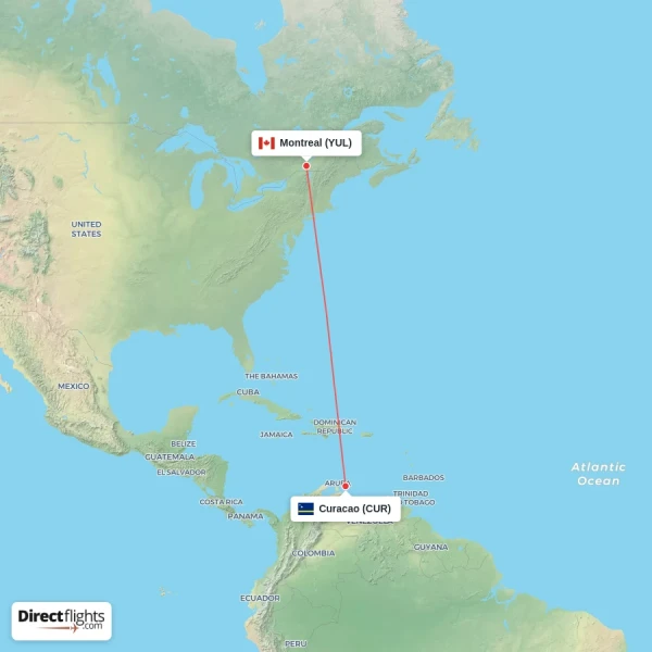 Curacao - Montreal direct flight map