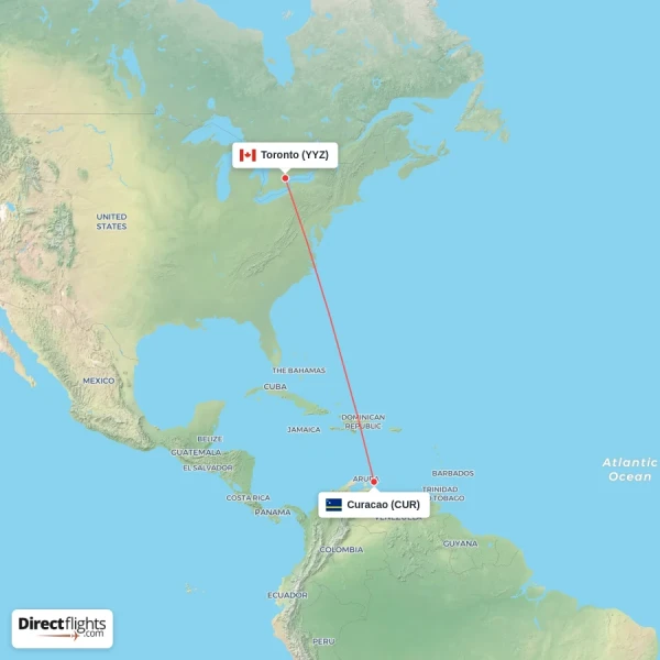 Curacao - Toronto direct flight map