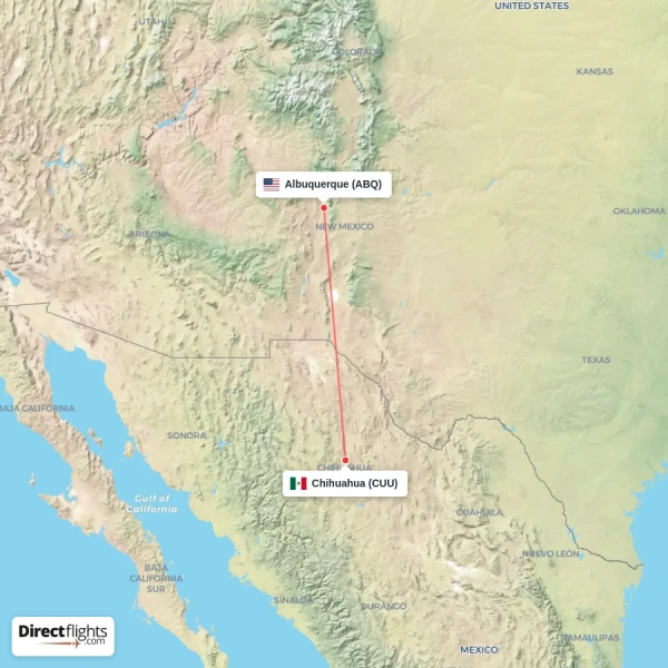 Chihuahua - Albuquerque direct flight map