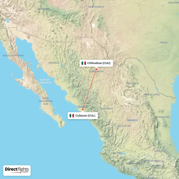 Chihuahua - Culiacan direct flight map