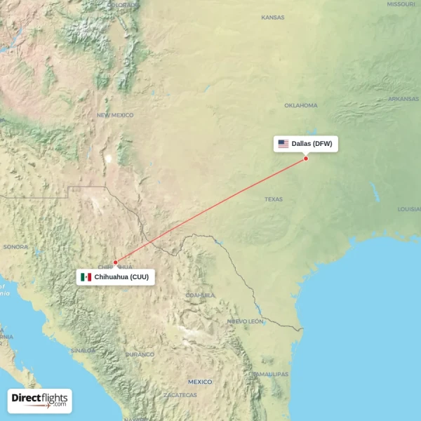 Chihuahua - Dallas direct flight map