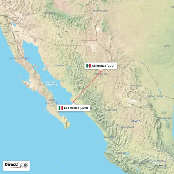 Chihuahua - Los Mochis direct flight map