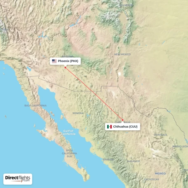 Chihuahua - Phoenix direct flight map