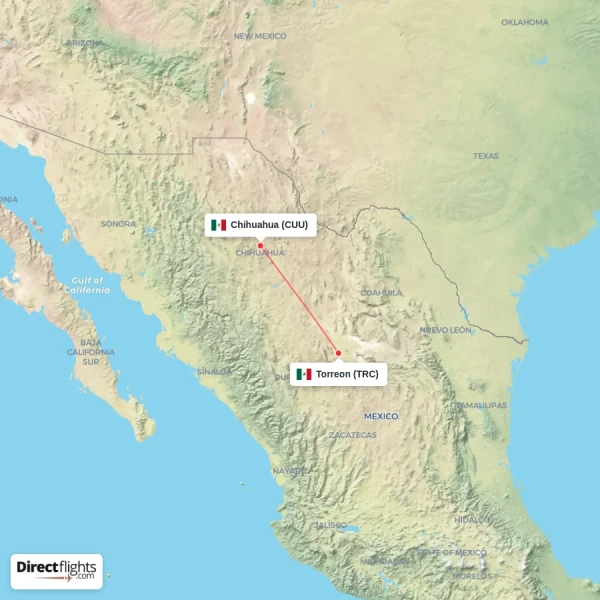 Chihuahua - Torreon direct flight map