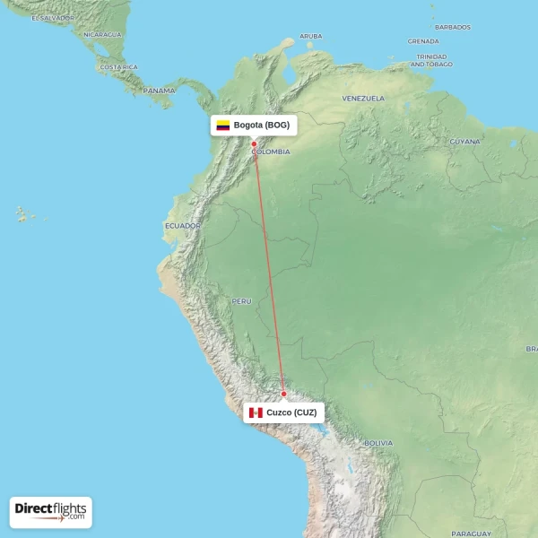 Cuzco - Bogota direct flight map