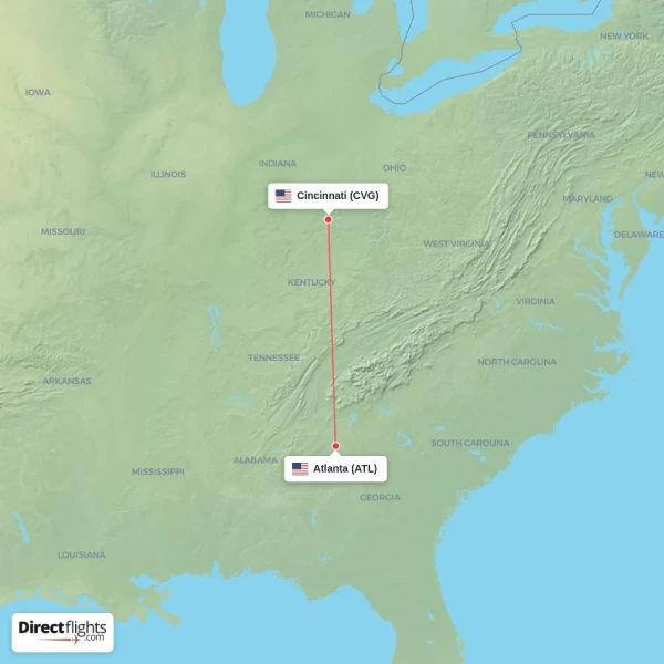 Cincinnati - Atlanta direct flight map
