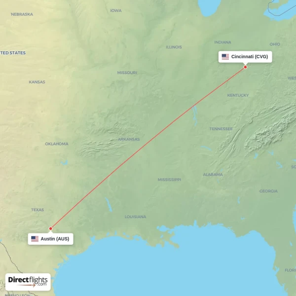 Cincinnati - Austin direct flight map