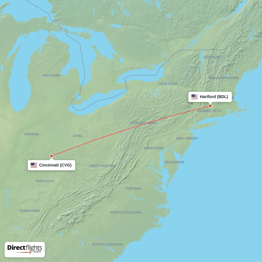 CVG - BDL route map