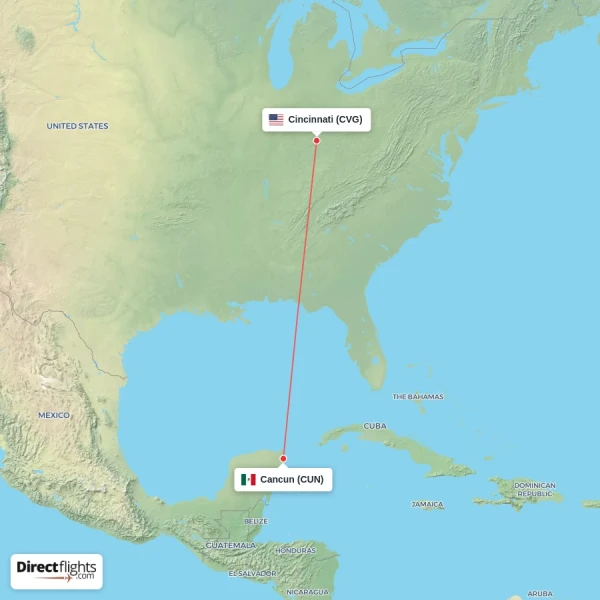 Cincinnati - Cancun direct flight map