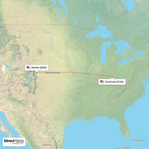 Cincinnati - Denver direct flight map