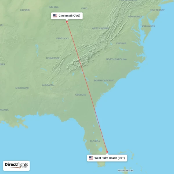 Cincinnati - West Palm Beach direct flight map