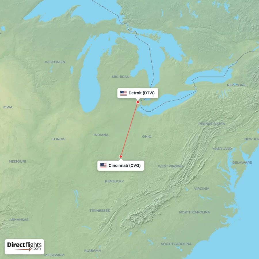 CVG - DTW route map
