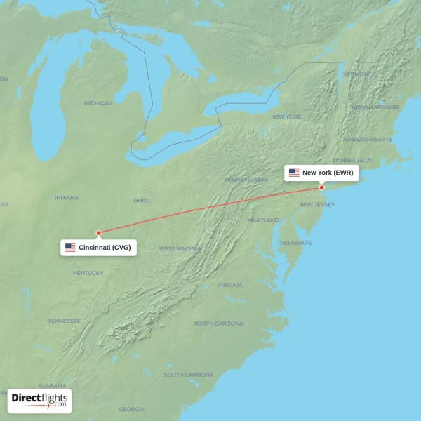 Cincinnati - New York direct flight map