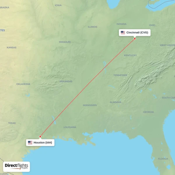 Cincinnati - Houston direct flight map