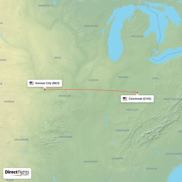 Cincinnati - Kansas City direct flight map