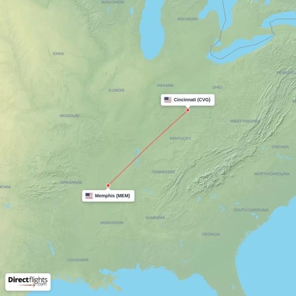 Cincinnati - Memphis direct flight map