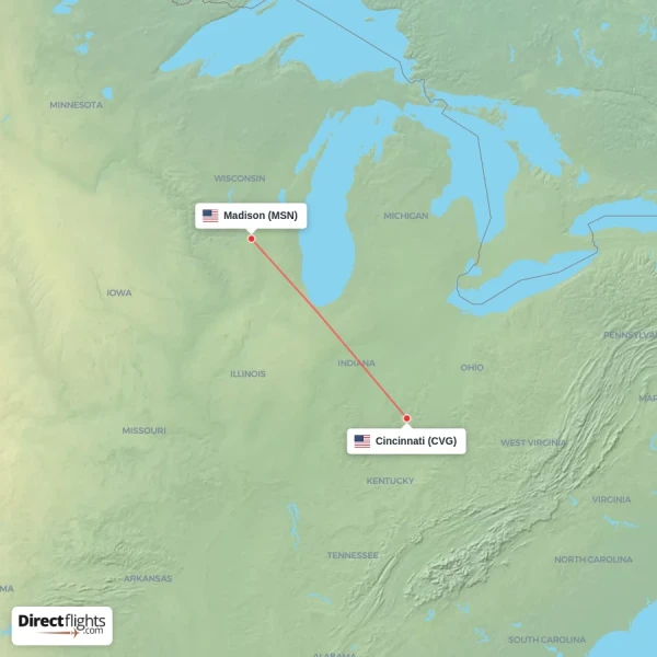 Cincinnati - Madison direct flight map