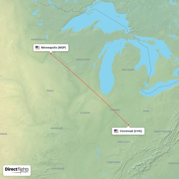 Cincinnati - Minneapolis direct flight map