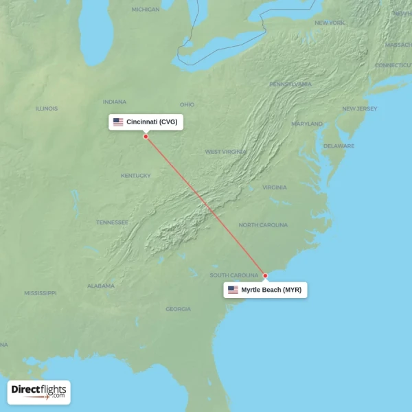 Cincinnati - Myrtle Beach direct flight map