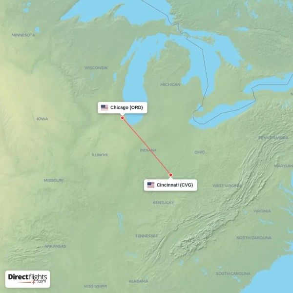 Cincinnati - Chicago direct flight map