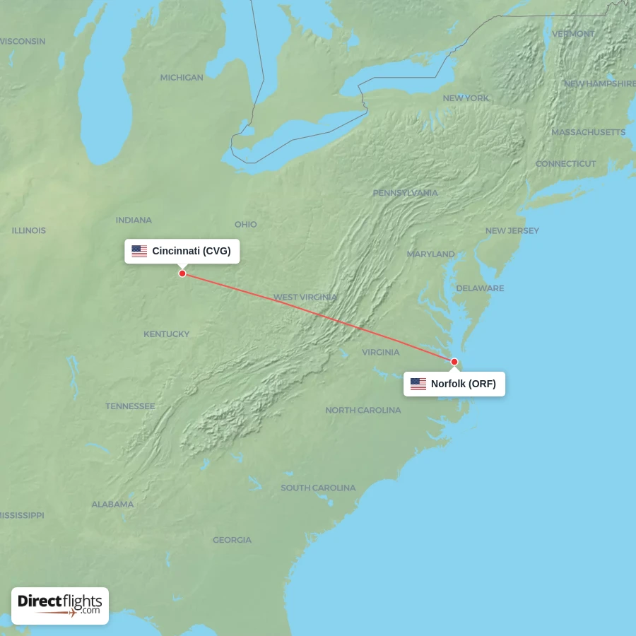 CVG - ORF route map