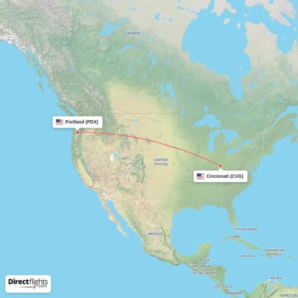Cincinnati - Portland direct flight map