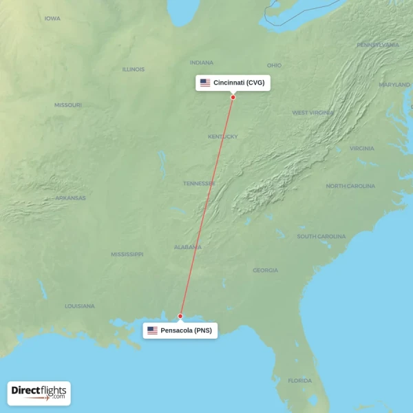 Cincinnati - Pensacola direct flight map