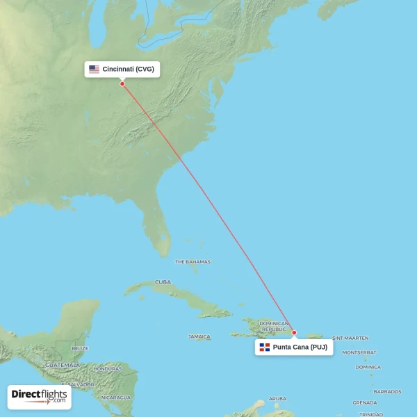 Cincinnati - Punta Cana direct flight map