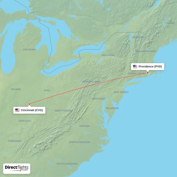 Cincinnati - Providence direct flight map