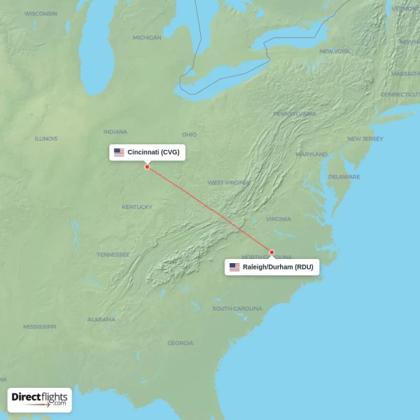 Cincinnati - Raleigh/Durham direct flight map