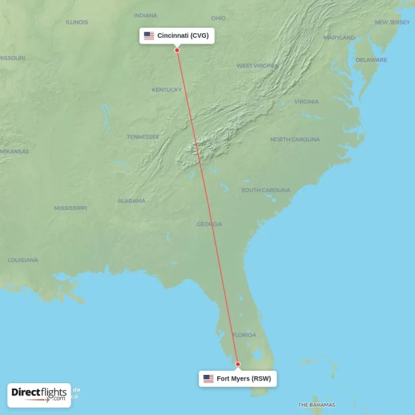 Cincinnati - Fort Myers direct flight map