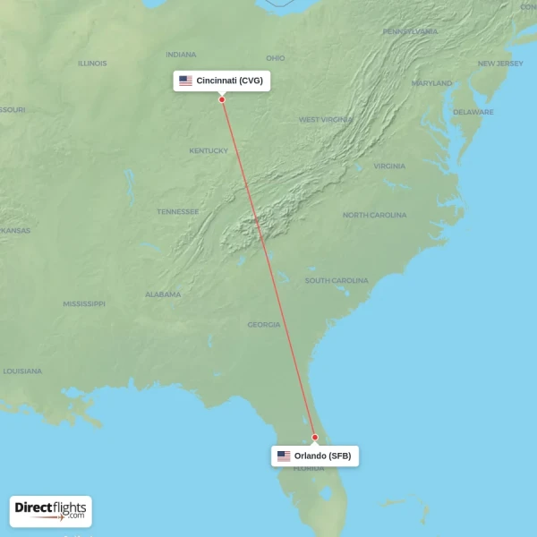 Cincinnati - Orlando direct flight map