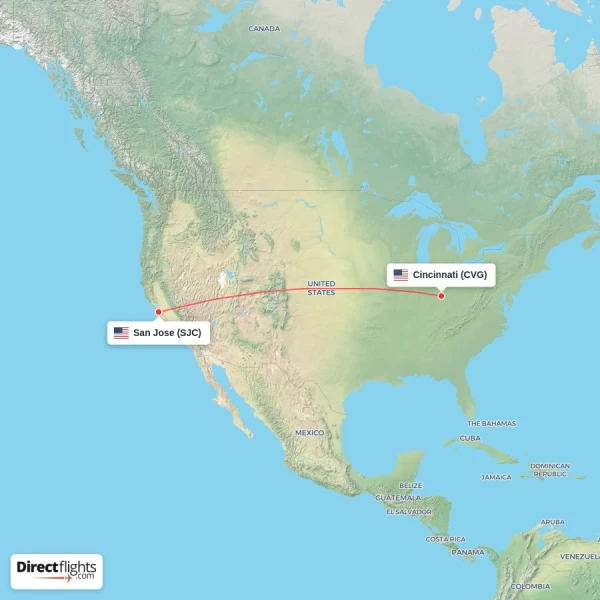 Cincinnati - San Jose direct flight map