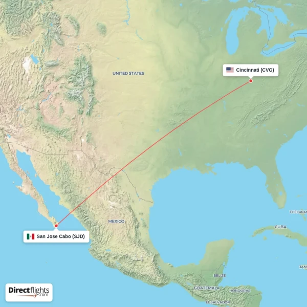 Cincinnati - San Jose Cabo direct flight map