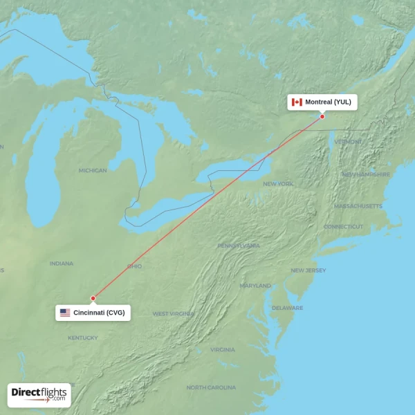 Cincinnati - Montreal direct flight map