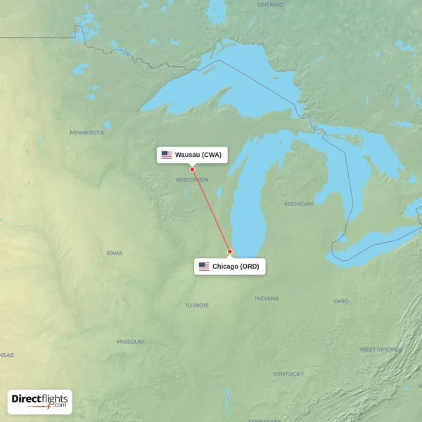 Wausau - Chicago direct flight map