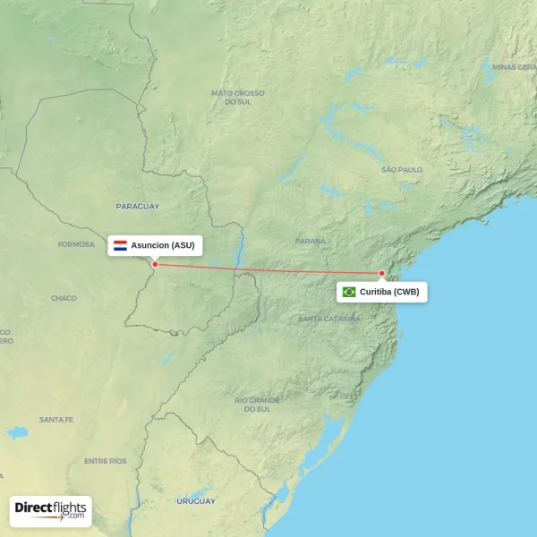 Curitiba - Asuncion direct flight map